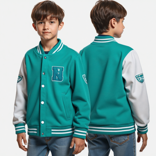 Kids teal white varsity jacket 1 Kids teal white varsity jacket