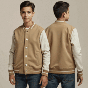two-tone camel varsity jacket