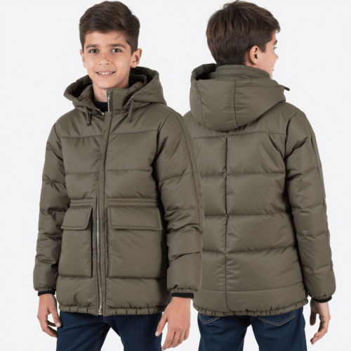 Kids olive green puffer jacket 1 Kids olive green puffer jacket